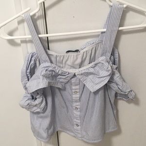 Zara Collections Blouse Top Casual Blue/White Women’s Size Small Shoulder Off